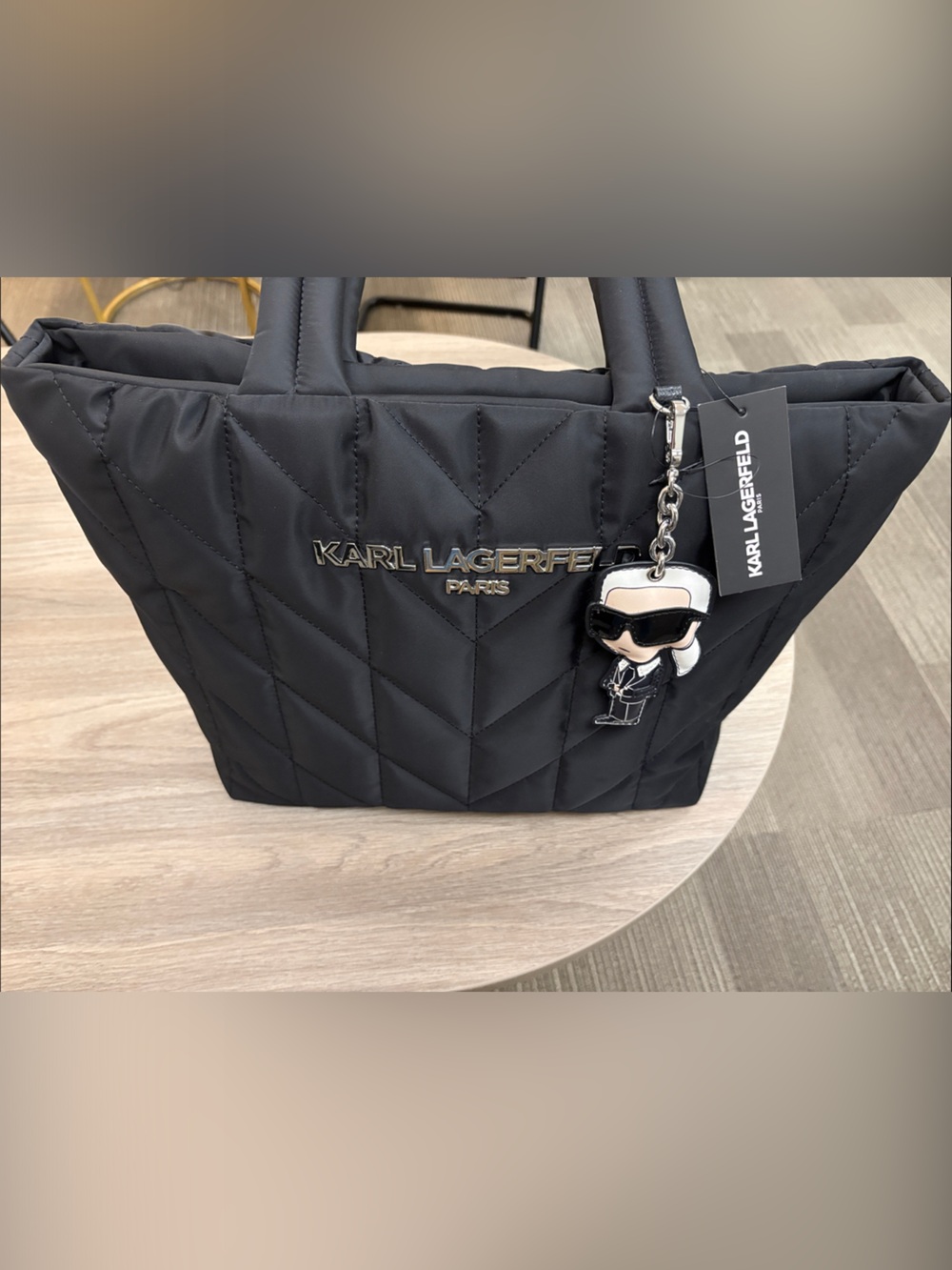 Karl Lagerfeld Black Quilted Tote with Character Charm